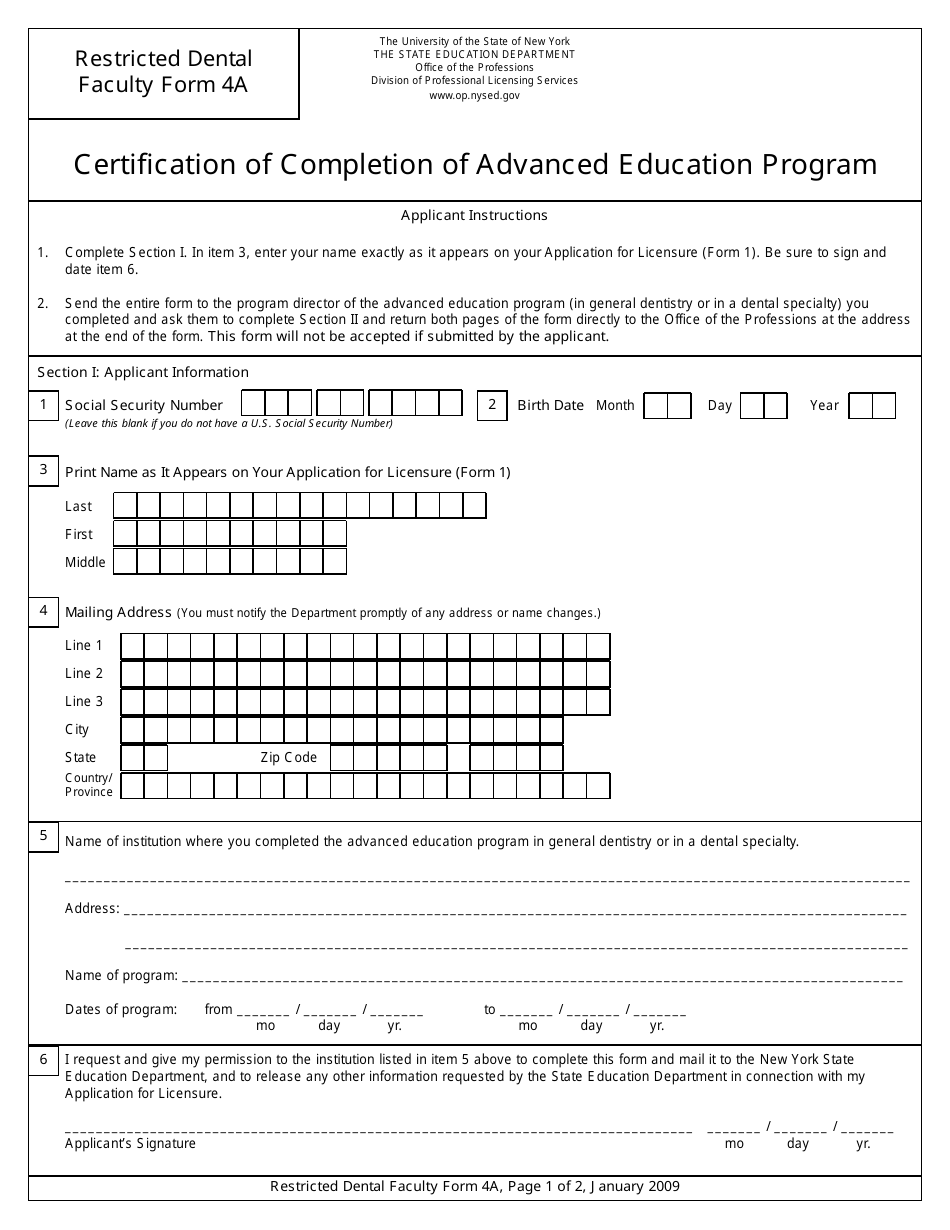 Restricted Dental Faculty Form 4A Certification of Completion of Advanced Education Program - New York, Page 1