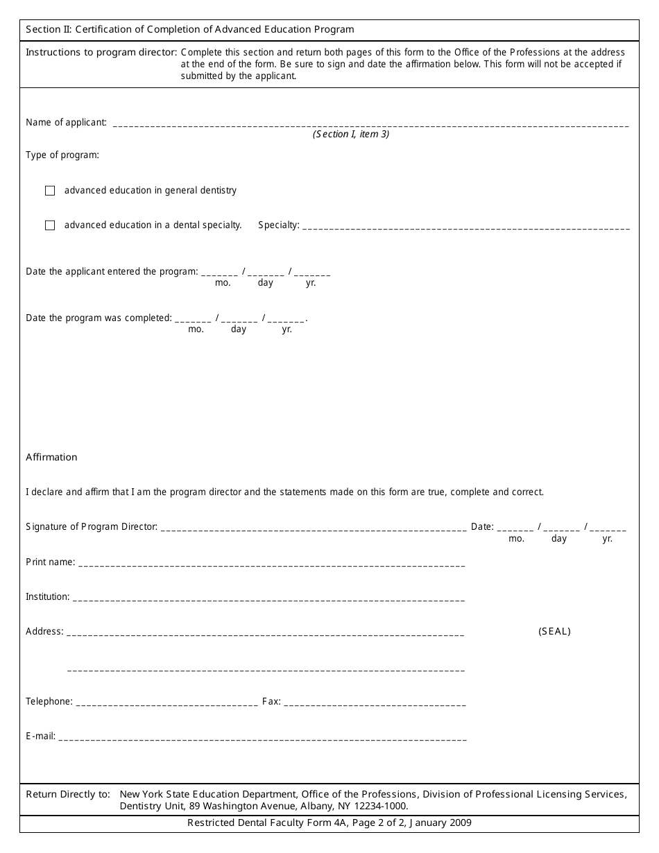 Restricted Dental Faculty Form 4A Certification of Completion of Advanced Education Program - New York, Page 2