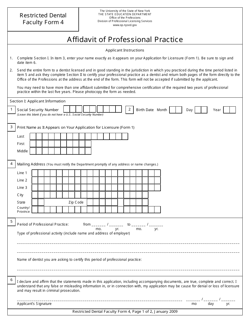 Restricted Dental Faculty Form 4 Affidavit of Professional Practice - New York, Page 1