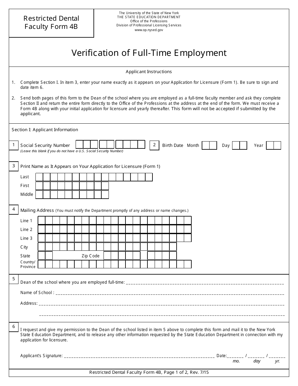 Restricted Dental Faculty Form 4B Verification of Full-Time Employment - New York, Page 1