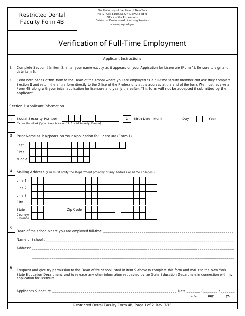 Restricted Dental Faculty Form 4B Verification of Full-Time Employment - New York