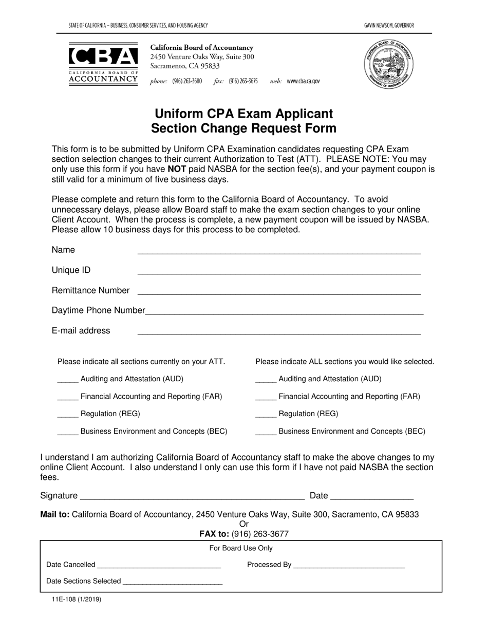 Form 11E-108 Uniform CPA Exam Applicant Section Change Request Form - California, Page 1
