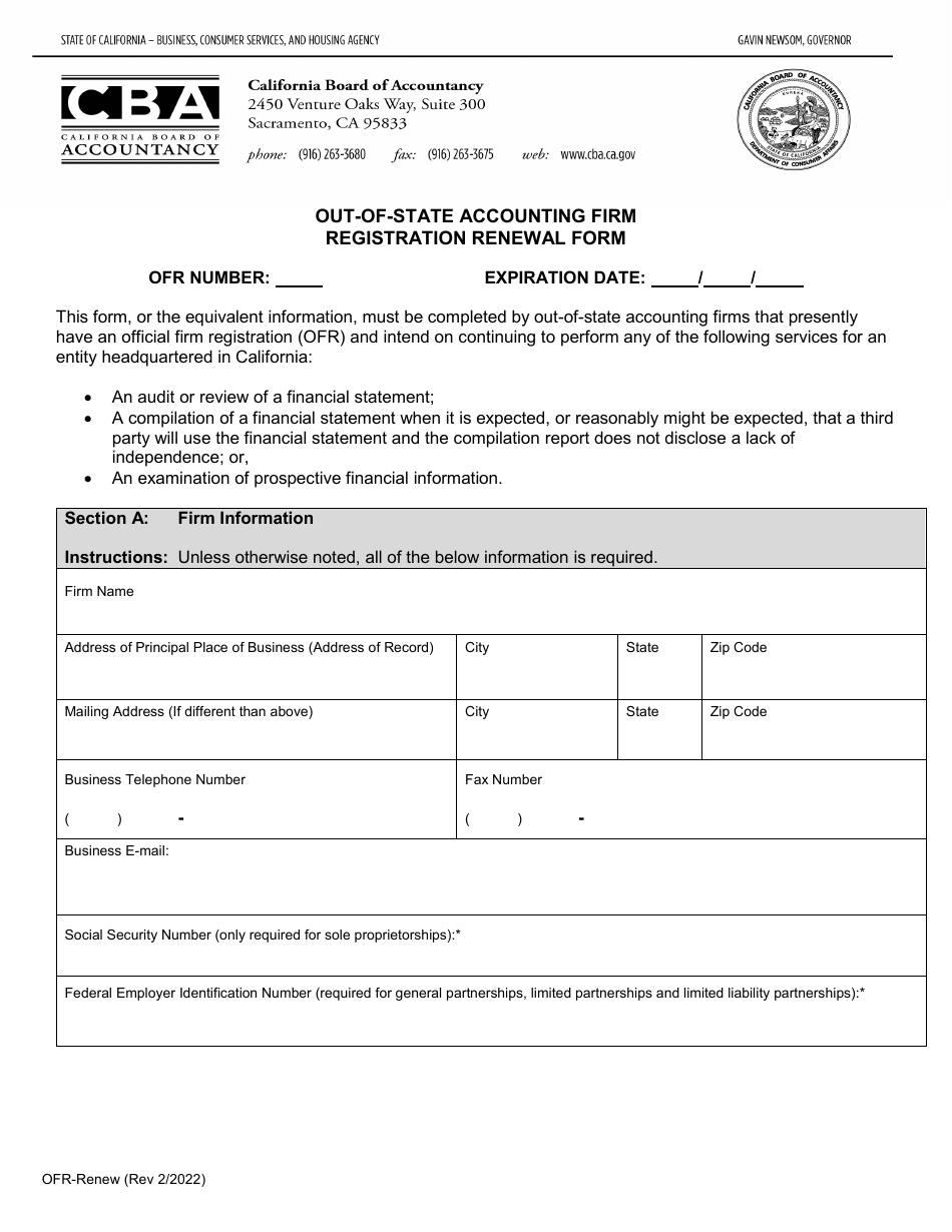 Form OFR-RENEW Out-of-State Accounting Firm Registration Renewal Form - California, Page 1