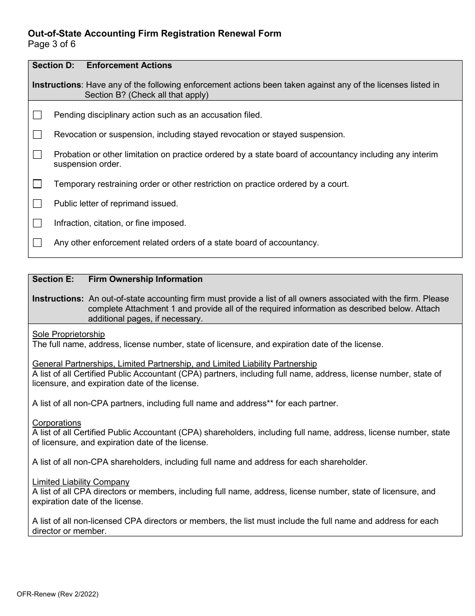 Form OFR-RENEW Out-of-State Accounting Firm Registration Renewal Form - California, Page 3