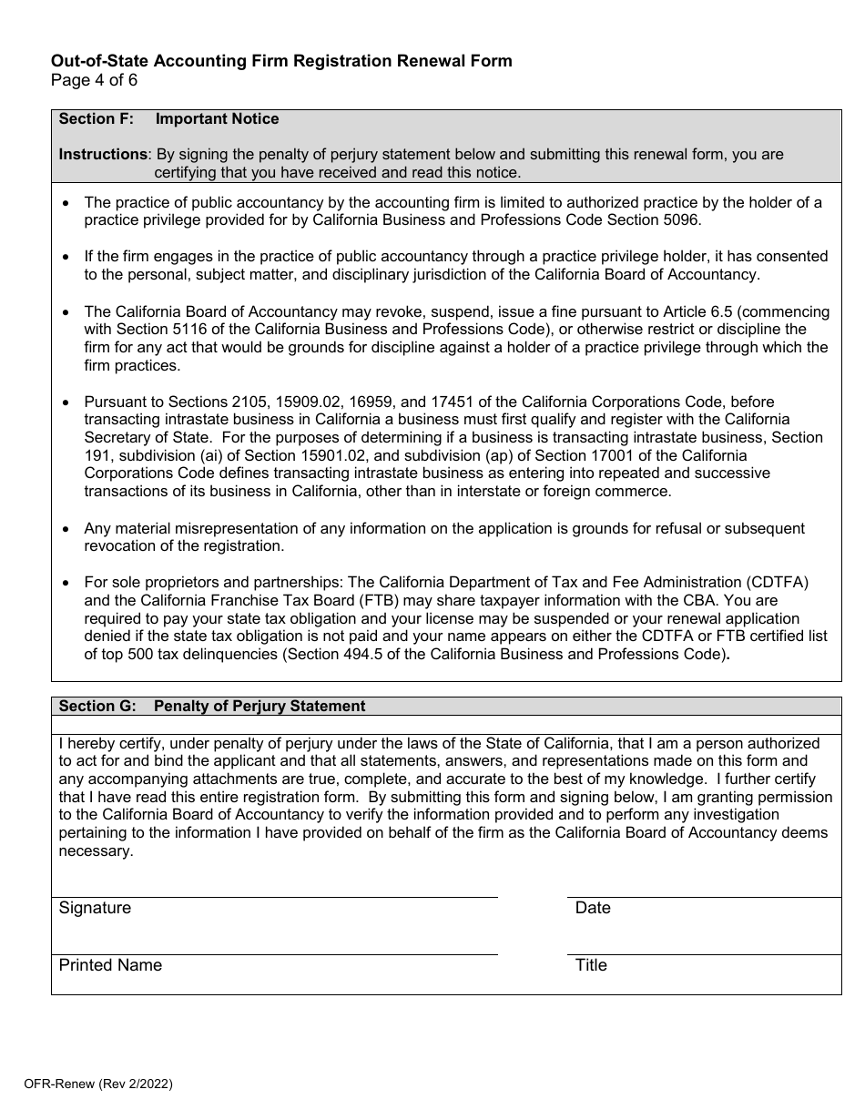 Form OFR-RENEW Out-of-State Accounting Firm Registration Renewal Form - California, Page 4