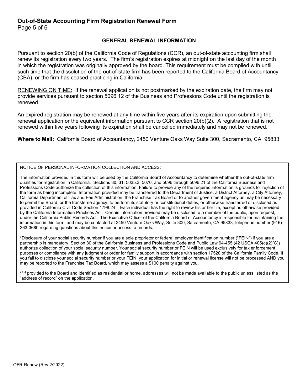 Form OFR-RENEW Out-of-State Accounting Firm Registration Renewal Form - California, Page 5