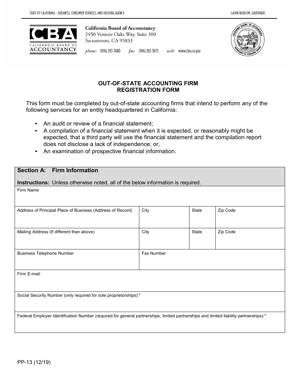 Form PP-13 Out-of-State Accounting Firm Registration Form - California, Page 1