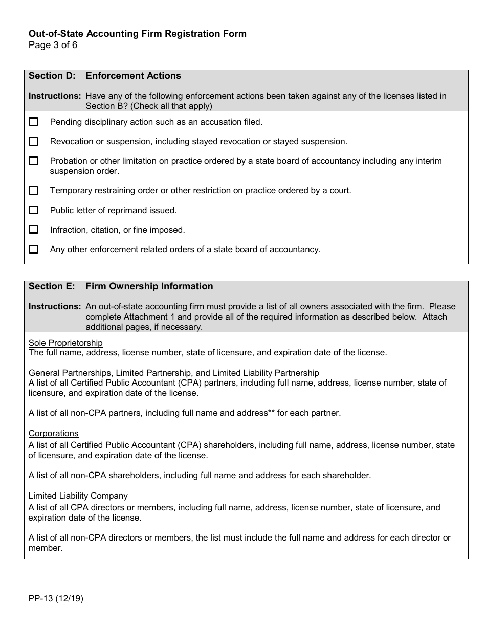 Form PP-13 Out-of-State Accounting Firm Registration Form - California, Page 3