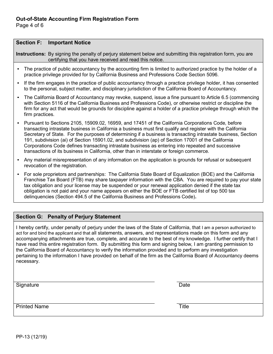Form PP-13 Out-of-State Accounting Firm Registration Form - California, Page 4