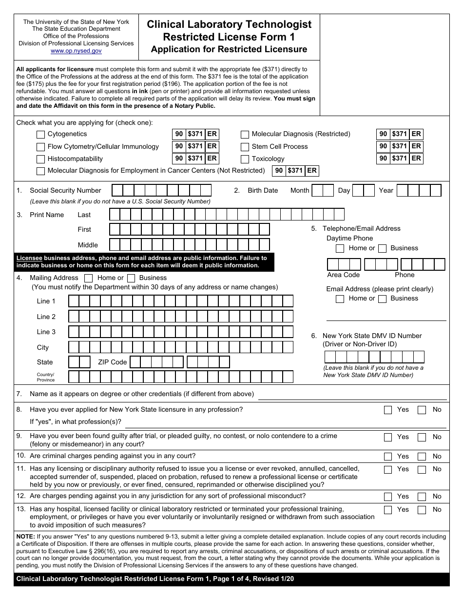 Clinical Laboratory Technologist Form 1 Application for Restricted Licensure - New York, Page 1