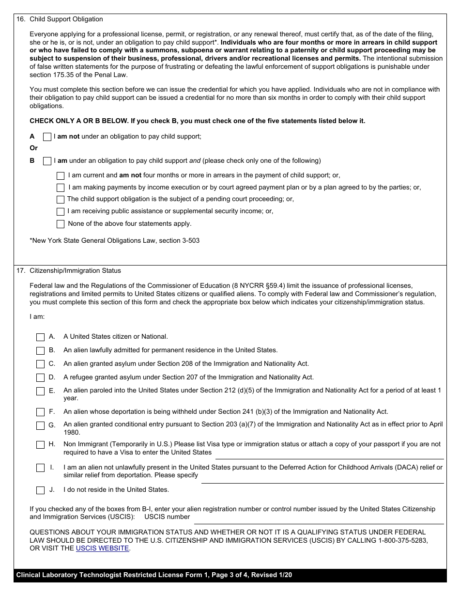 Clinical Laboratory Technologist Form 1 Application for Restricted Licensure - New York, Page 3