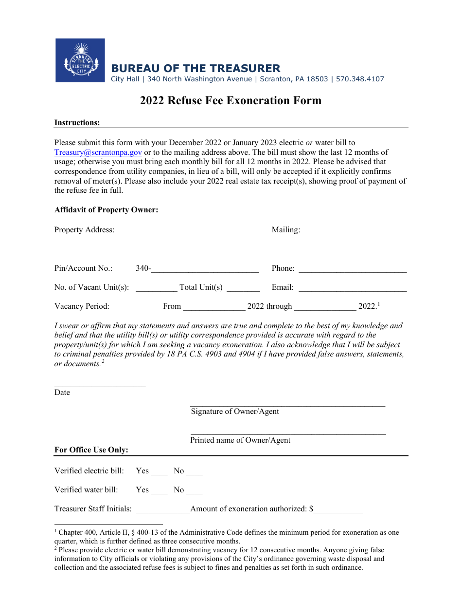 2022 City of Scranton, Pennsylvania Refuse Fee Exoneration Form Fill