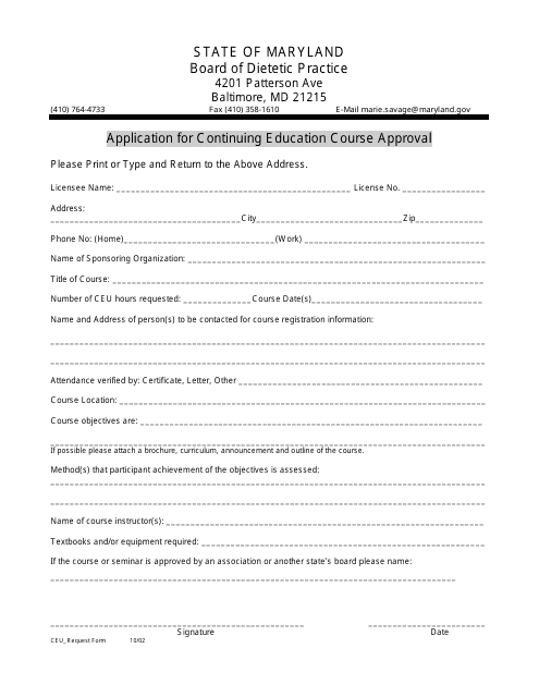 Application for Continuing Education Course Approval - Maryland Download Pdf
