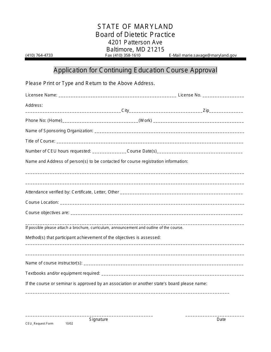 Application for Continuing Education Course Approval - Maryland, Page 1