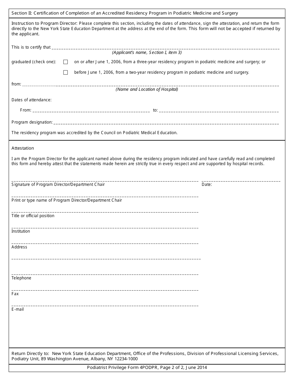 Podiatrist Ankle Surgery Privilege Form 4PODPR Attestation of Completion of an Accredited Residency Program in Podiatric Medicine and Surgery - New York, Page 2