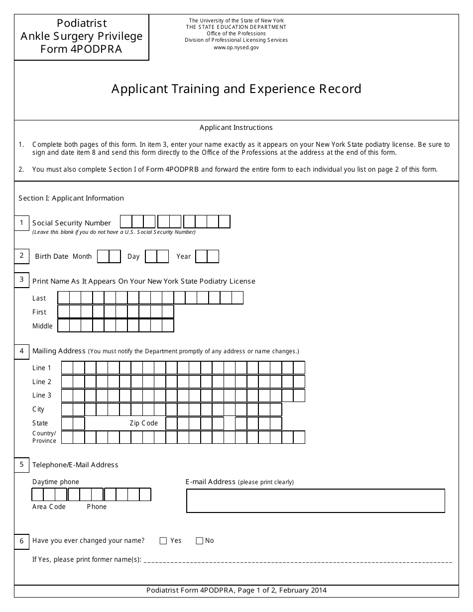 Podiatrist Ankle Surgery Privilege Form 4PODPRA Applicant Training and Experience Record - New York, Page 1
