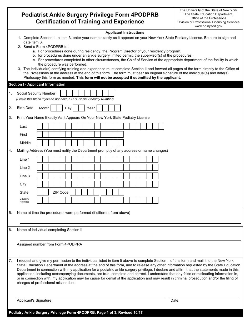 Podiatrist Ankle Surgery Privilege Form 4PODPRB Certification of Training and Experience - New York, Page 1