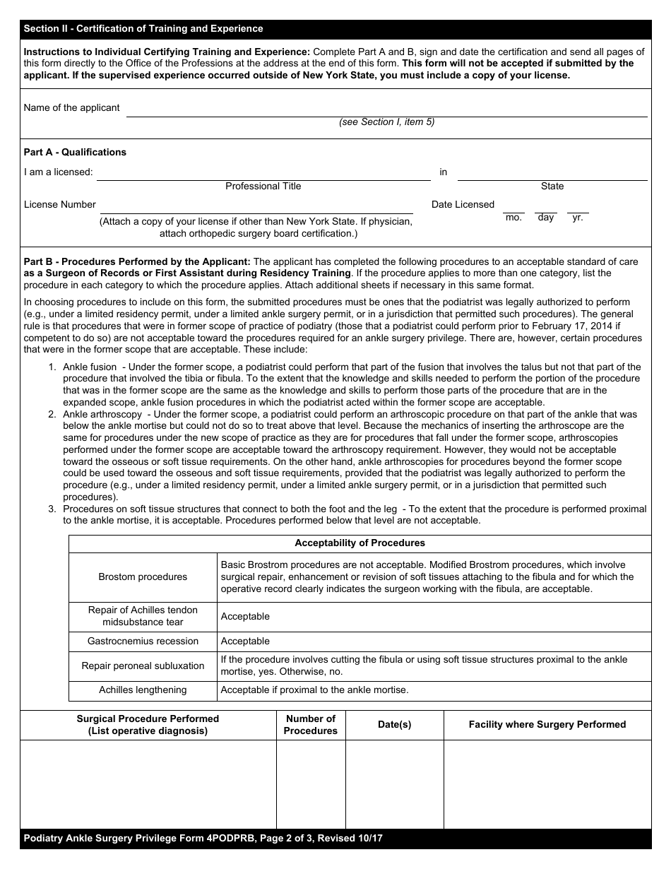 Podiatrist Ankle Surgery Privilege Form 4PODPRB Certification of Training and Experience - New York, Page 2