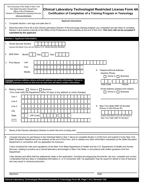 Clinical Laboratory Technologist Restricted License Form 4A  Printable Pdf