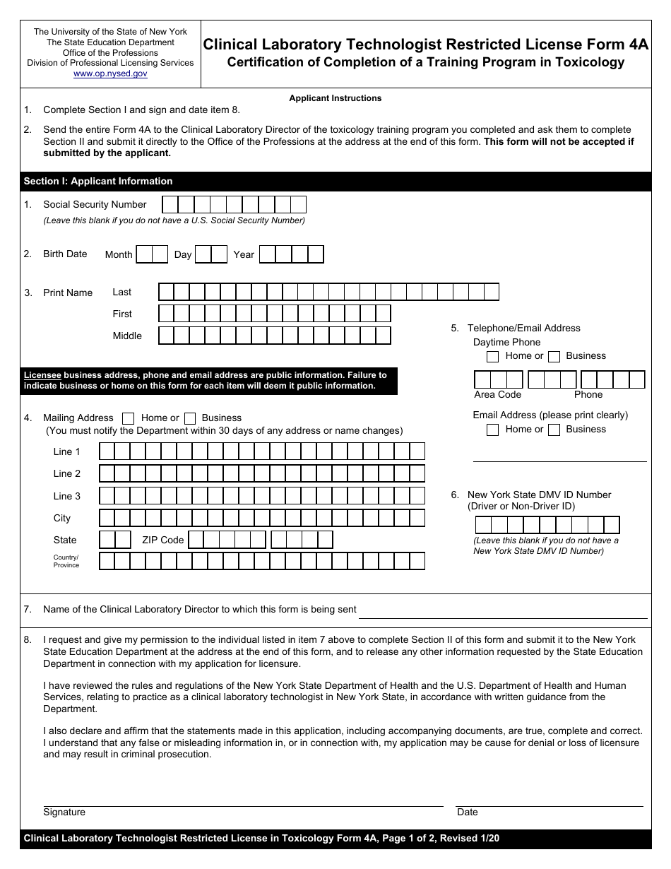 Clinical Laboratory Technologist Restricted License Form 4A Certification of Completion of a Training Program in Toxicology - New York, Page 1