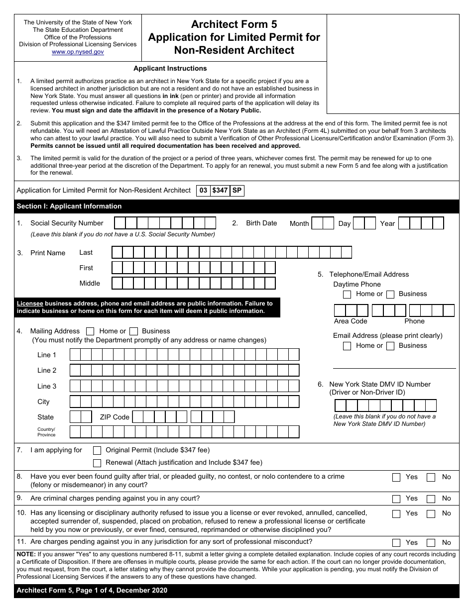 Architect Form 5 Application for Limited Permit for Non-resident Architect - New York, Page 1