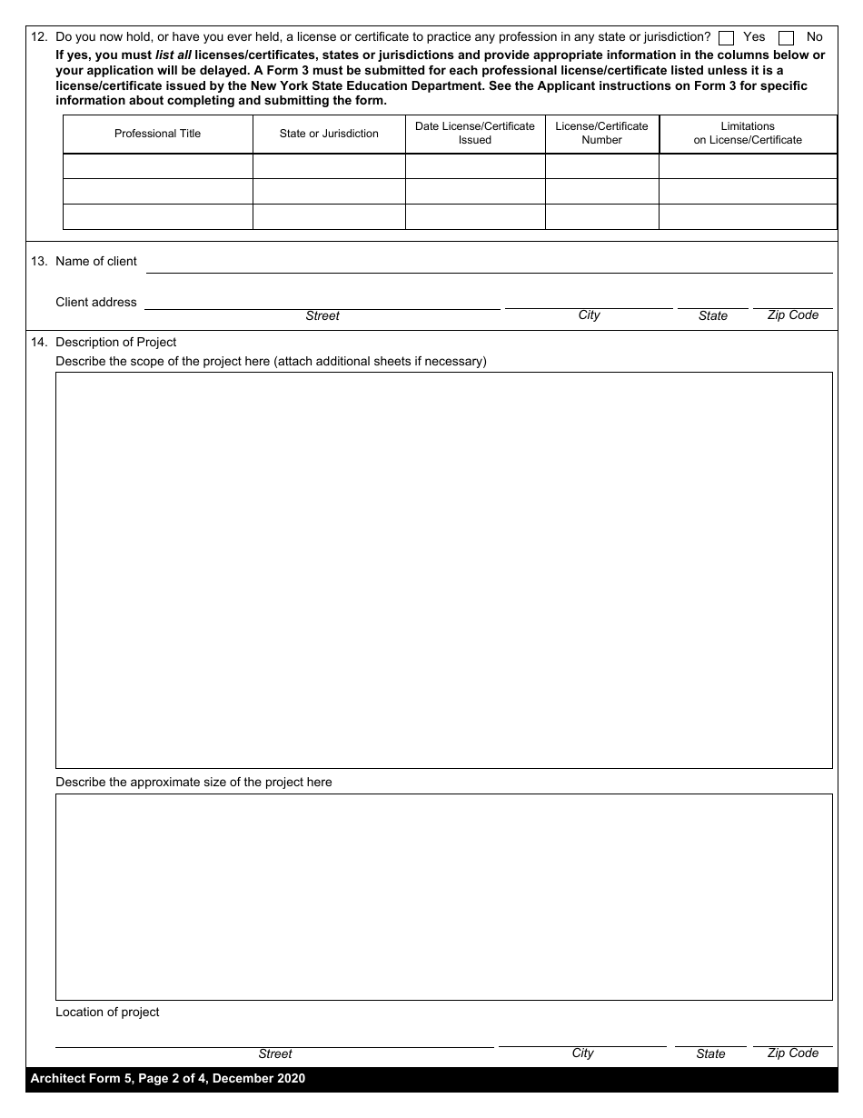 Architect Form 5 Application for Limited Permit for Non-resident Architect - New York, Page 2