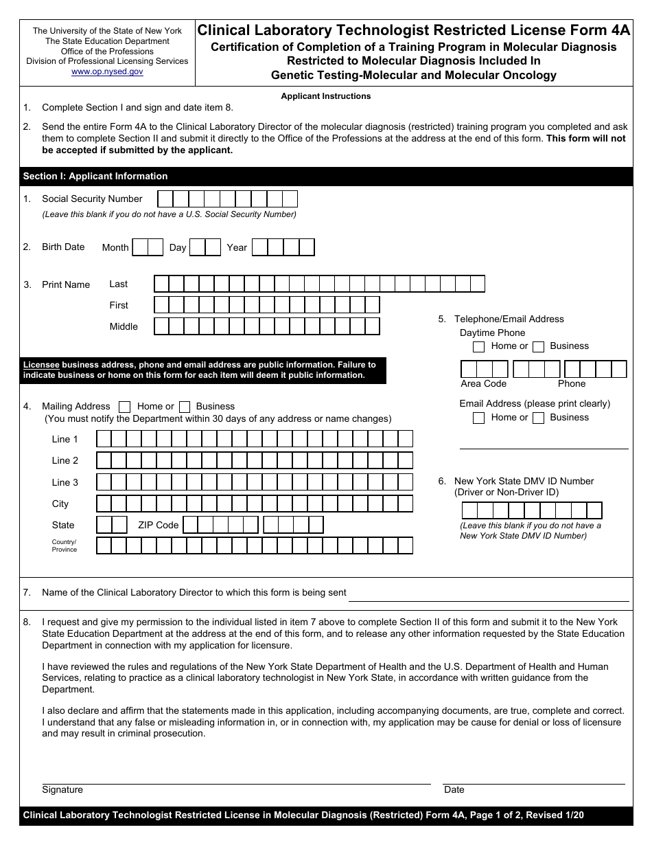 Clinical Laboratory Technologist Restricted License Form 4A Certification of Completion of a Training Program in Molecular Diagnosis Restricted to Molecular Diagnosis Included in Genetic Testing-Molecular and Molecular Oncology - New York, Page 1