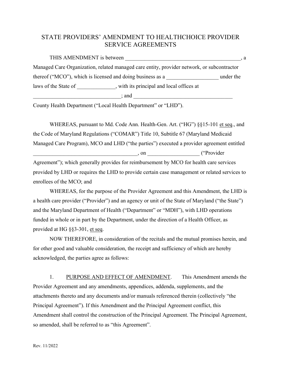 State Providers Amendment to Healthchoice Provider Service Agreements - Maryland, Page 1
