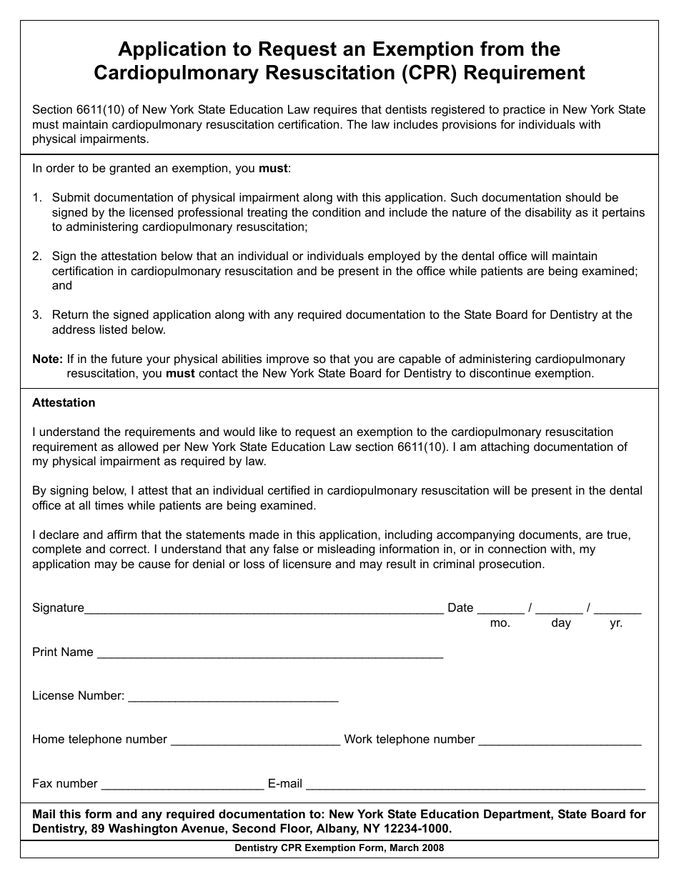 Application to Request an Exemption From the Cardiopulmonary Resuscitation (Cpr) Requirement - New York, Page 1