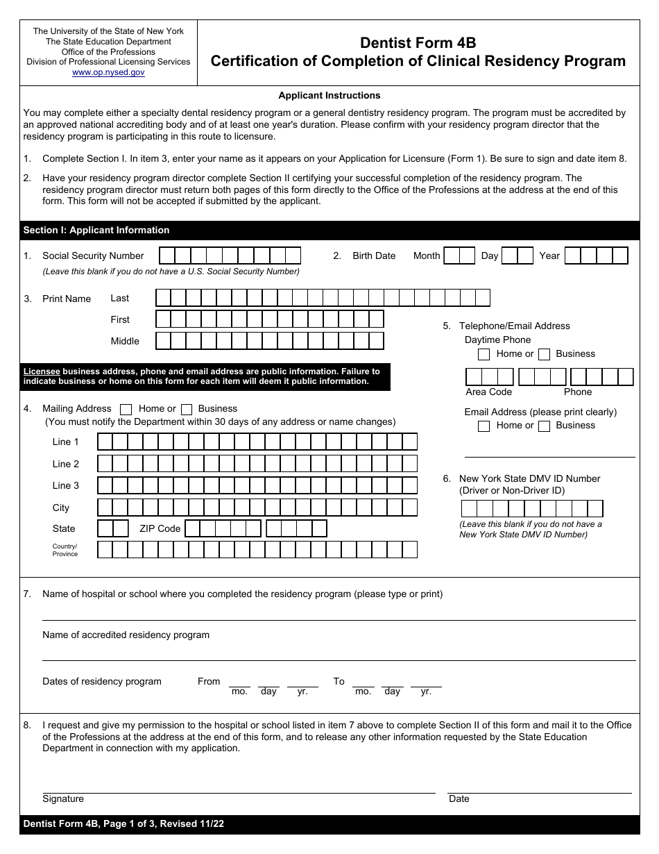 Dentist Form 4B Certification of Completion of Clinical Residency Program - New York, Page 1