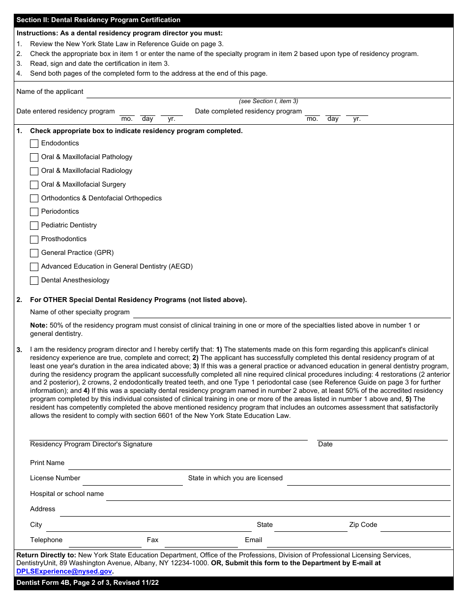 Dentist Form 4B Certification of Completion of Clinical Residency Program - New York, Page 2