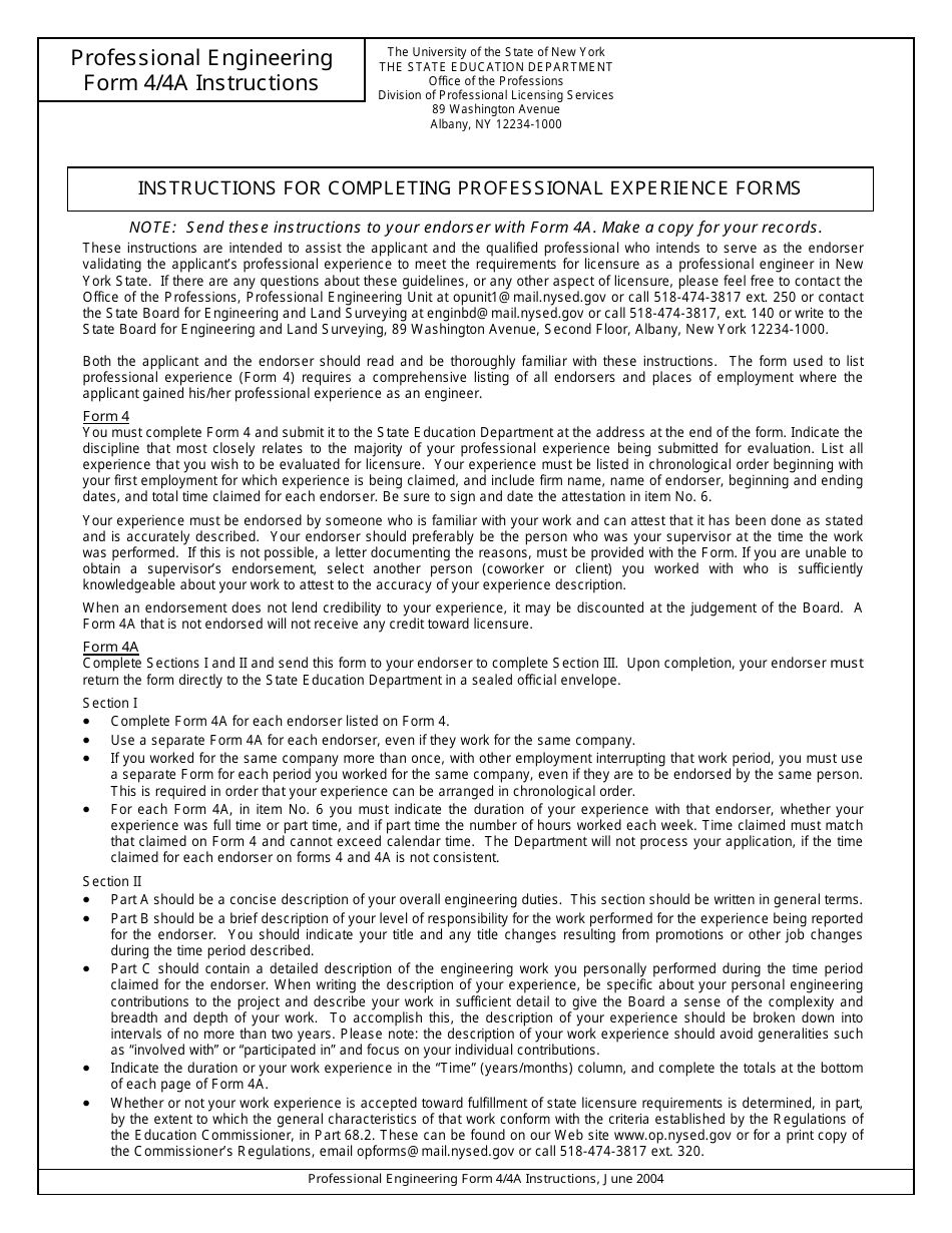 Instructions for Professional Engineering Form 4, Professional Engineering Form 4A - New York, Page 1
