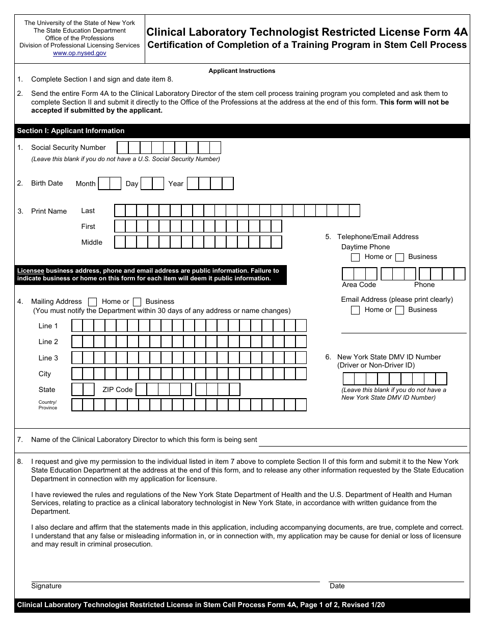 Clinical Laboratory Technologist Restricted License Form 4A Certification of Completion of a Training Program in Stem Cell Process - New York, Page 1
