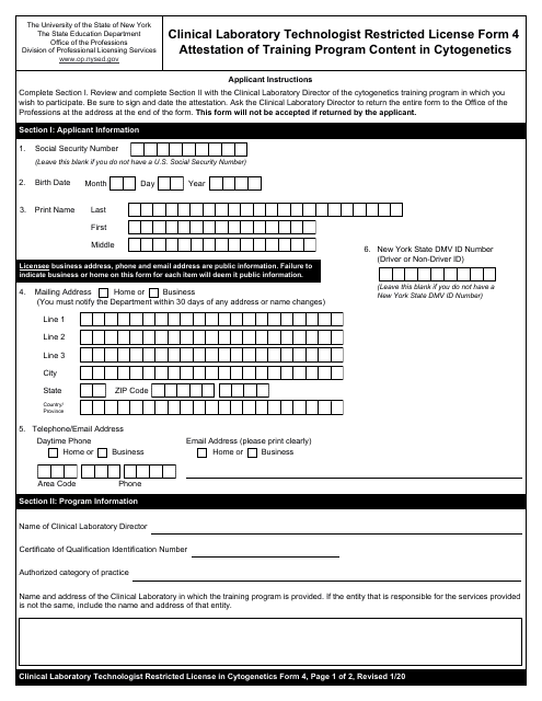 Clinical Laboratory Technologist Restricted License Form 4  Printable Pdf