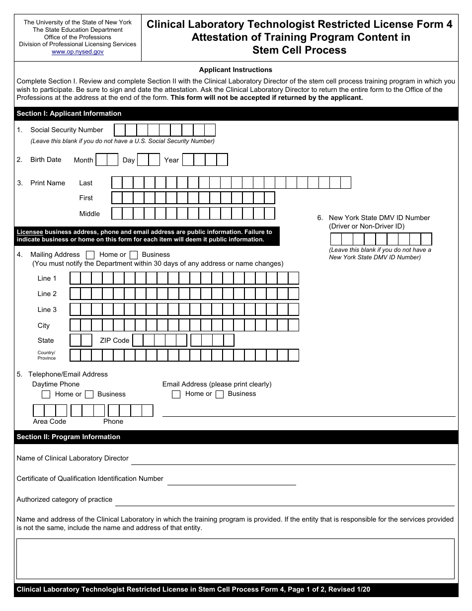 Clinical Laboratory Technologist Restricted License Form 4 Attestation of Training Program Content in Stem Cell Process - New York, Page 1