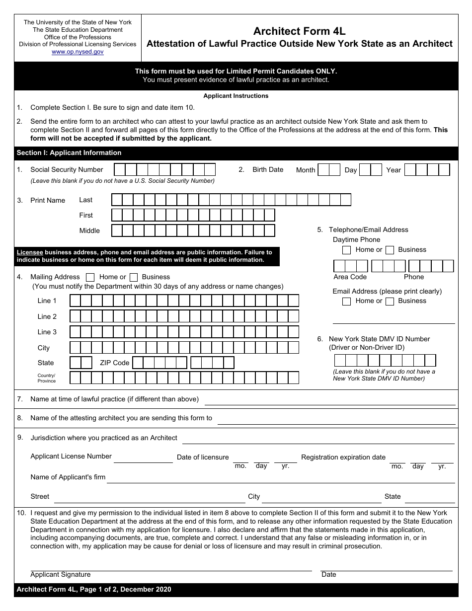Architect Form 4L Attestation of Lawful Practice Outside New York State as an Architect - New York, Page 1