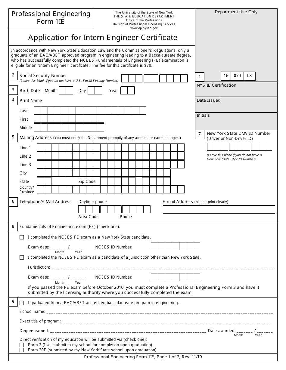 Professional Engineering Form 1IE Application for Intern Engineer Certificate - New York, Page 1