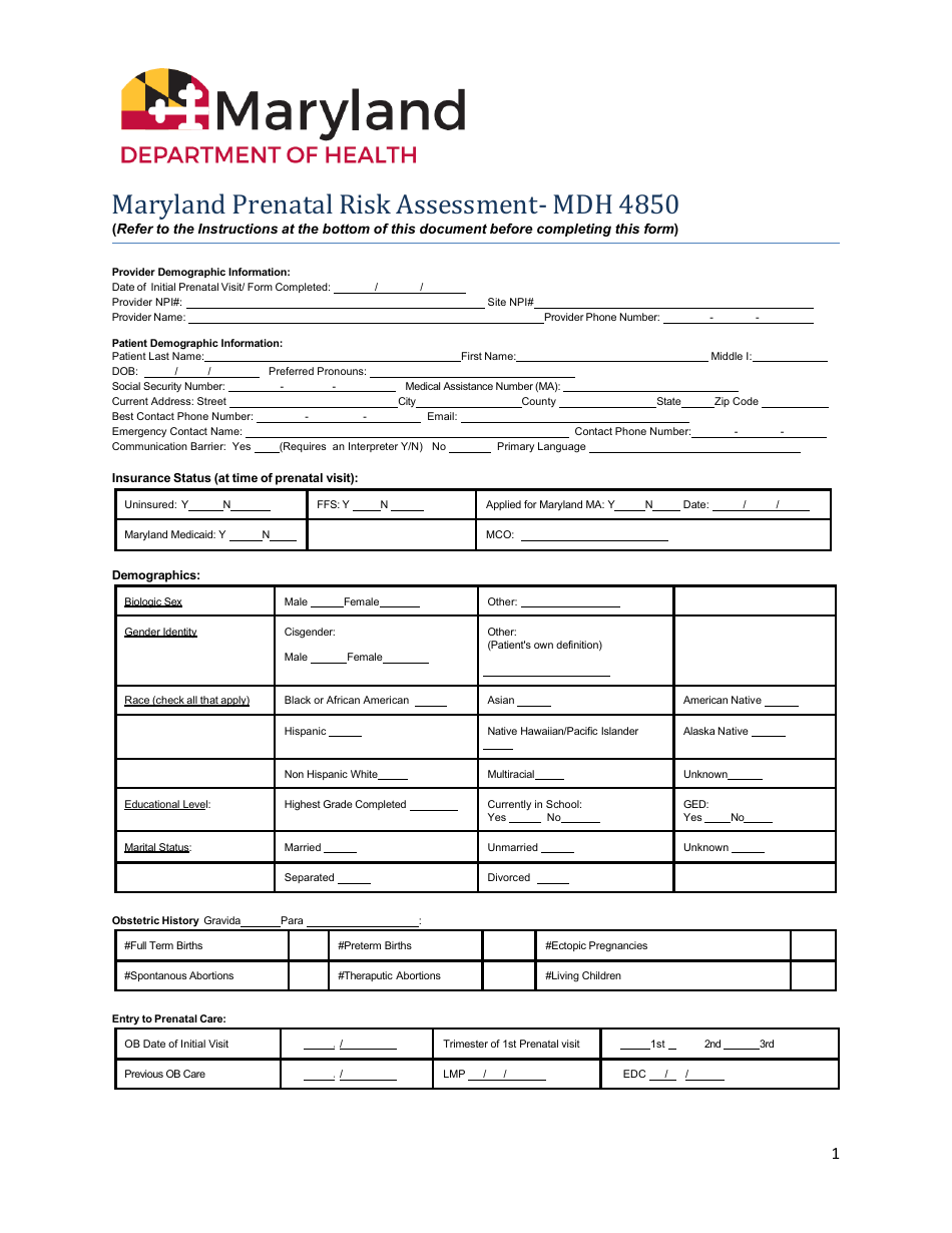 MDH Form 4850 Maryland Prenatal Risk Assessment - Maryland, Page 1