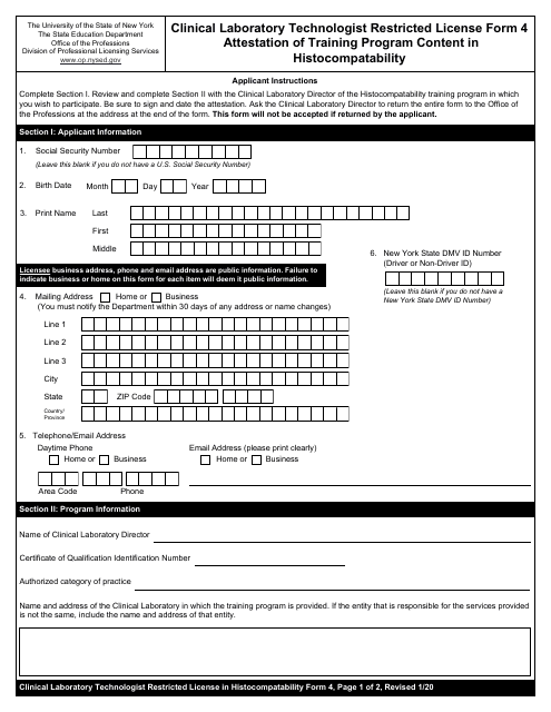 Clinical Laboratory Technologist Restricted License Form 4  Printable Pdf