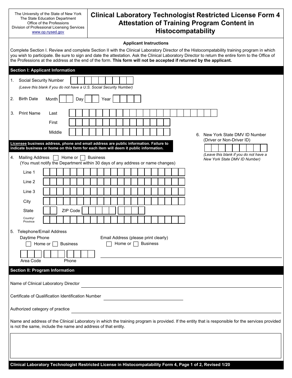 Clinical Laboratory Technologist Restricted License Form 4 Attestation of Training Program Content in Histocompatability - New York, Page 1