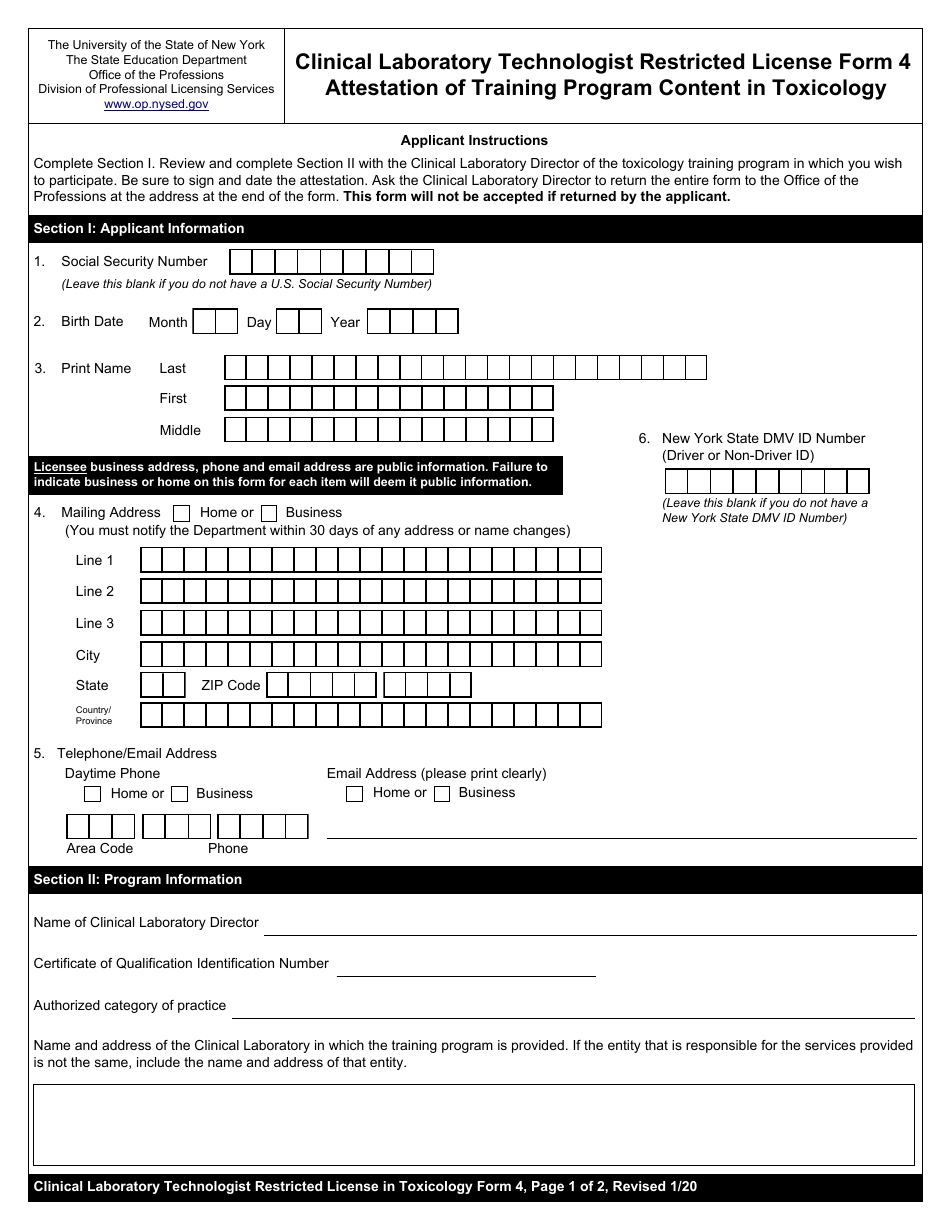 Clinical Laboratory Technologist Restricted License Form 4 Attestation of Training Program Content in Toxicology - New York, Page 1