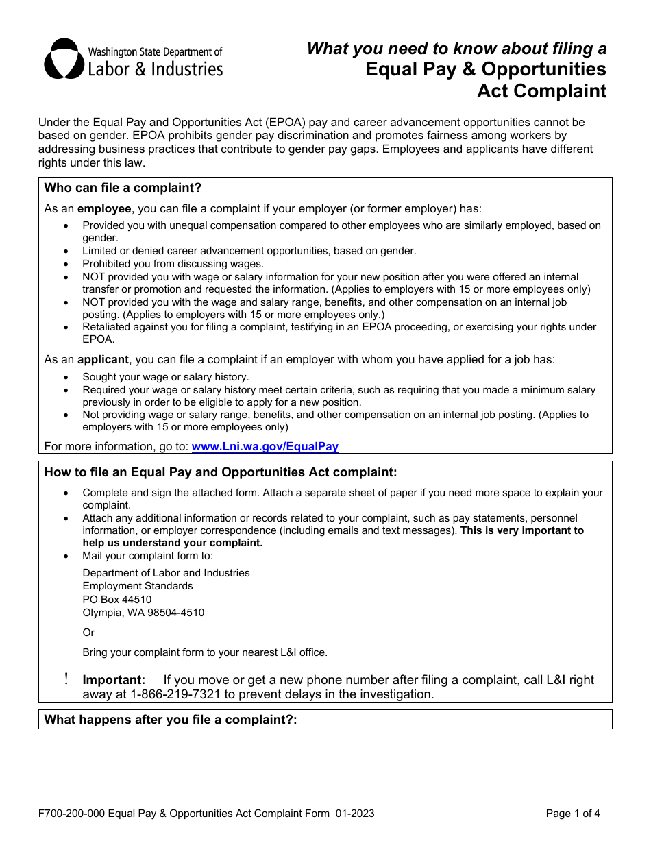 Form F700-200-000 Equal Pay  Opportunities Act Complaint - Washington, Page 1