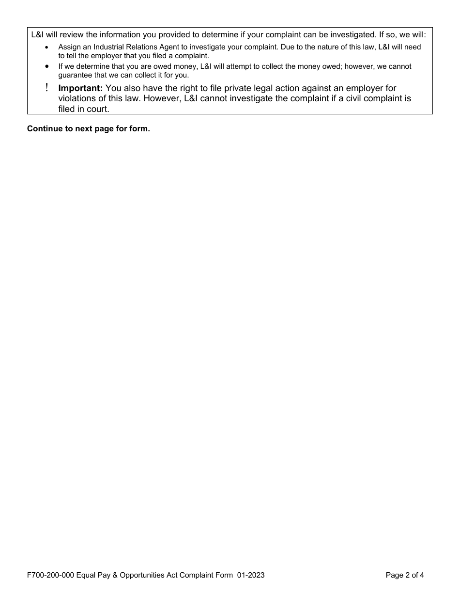 Form F700-200-000 Equal Pay  Opportunities Act Complaint - Washington, Page 2