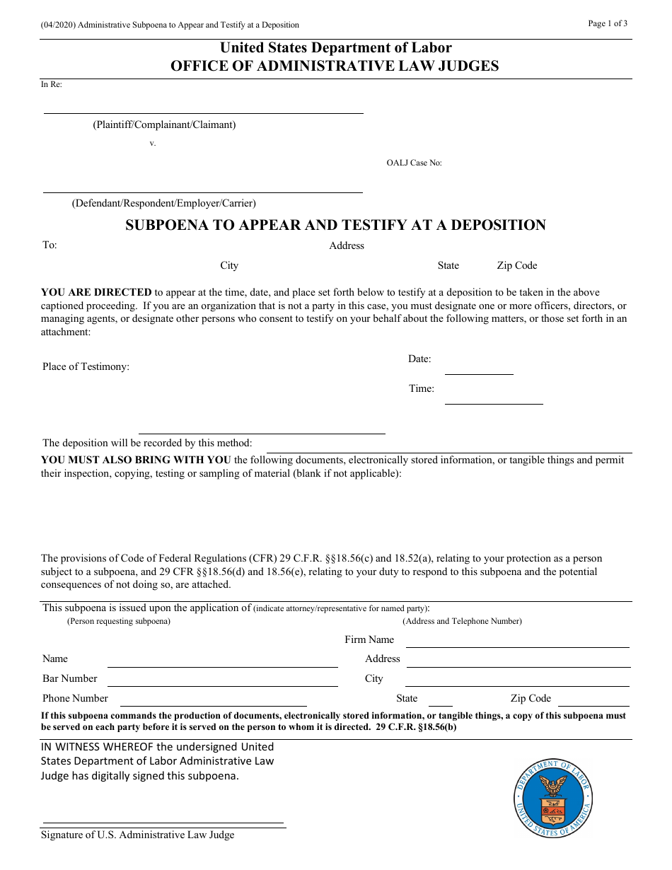 Subpoena to Appear and Testify at a Deposition, Page 1