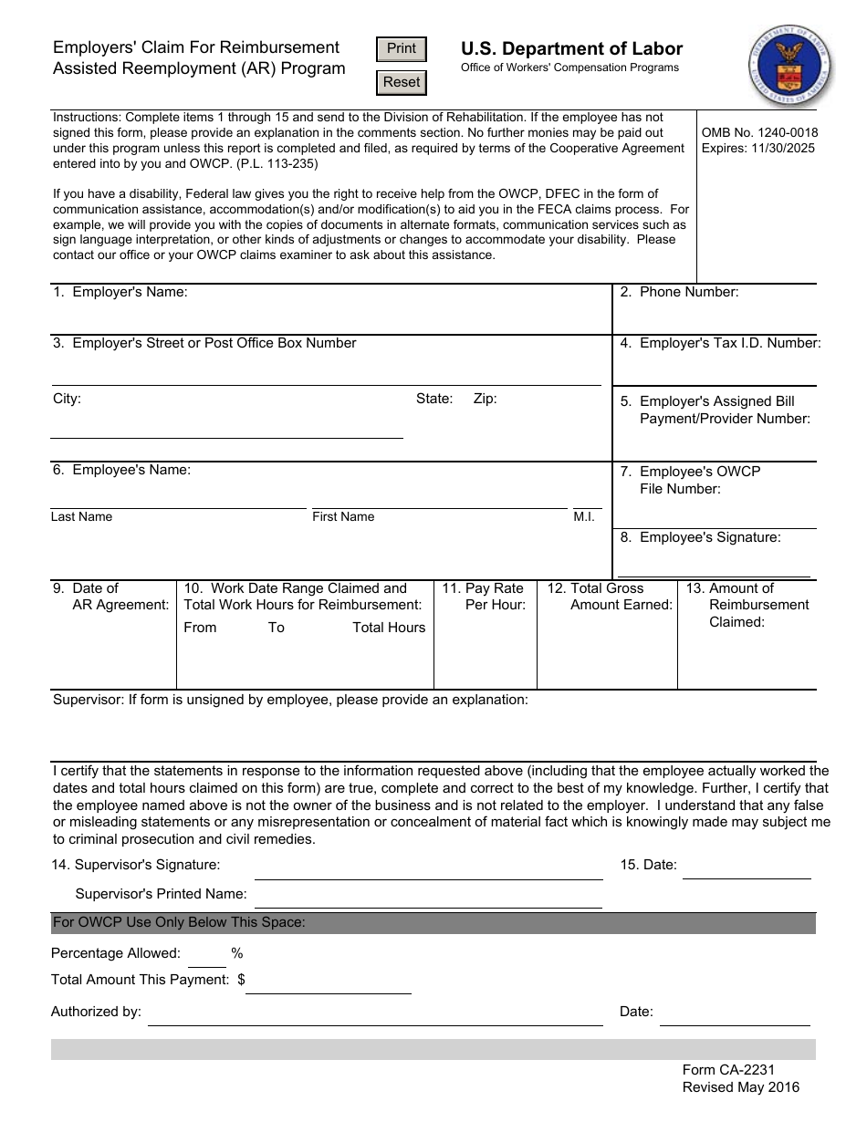 Form CA-2231 - Fill Out, Sign Online and Download Fillable PDF ...