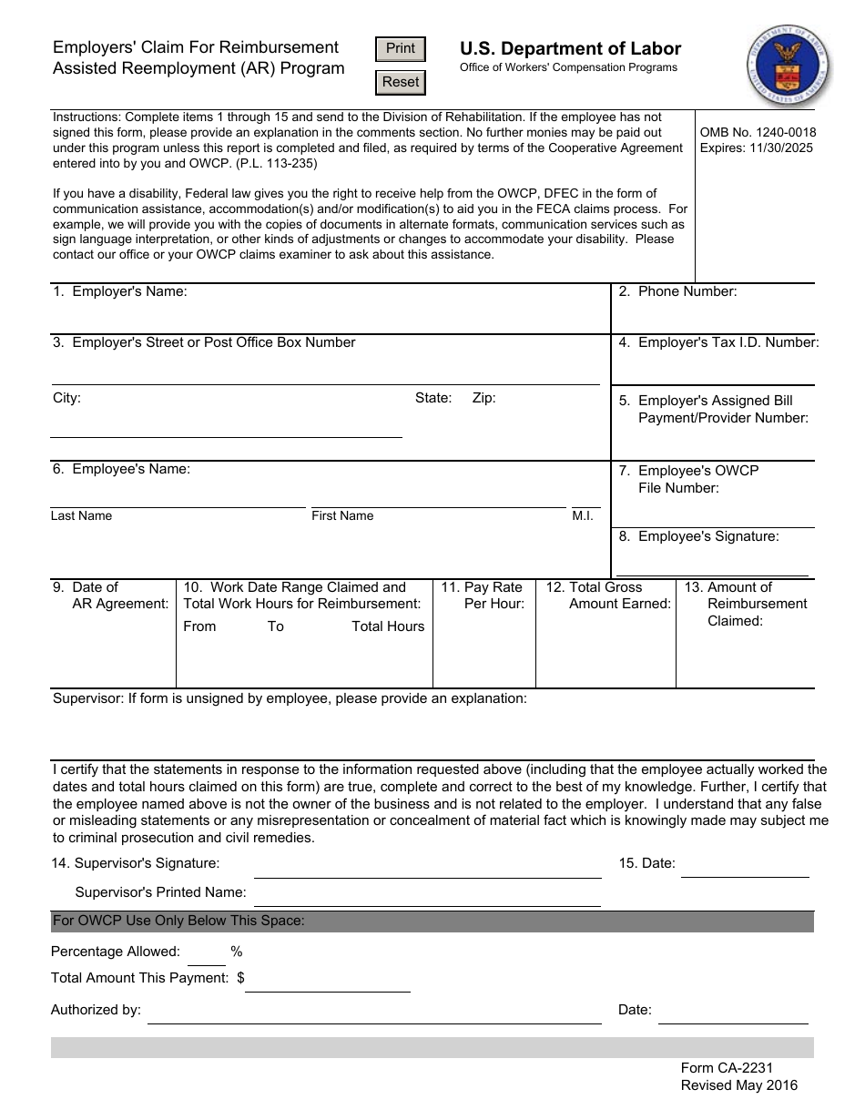 Form CA-2231 Employers Claim for Reimbursement Assisted Reemployment (Ar) Program, Page 1