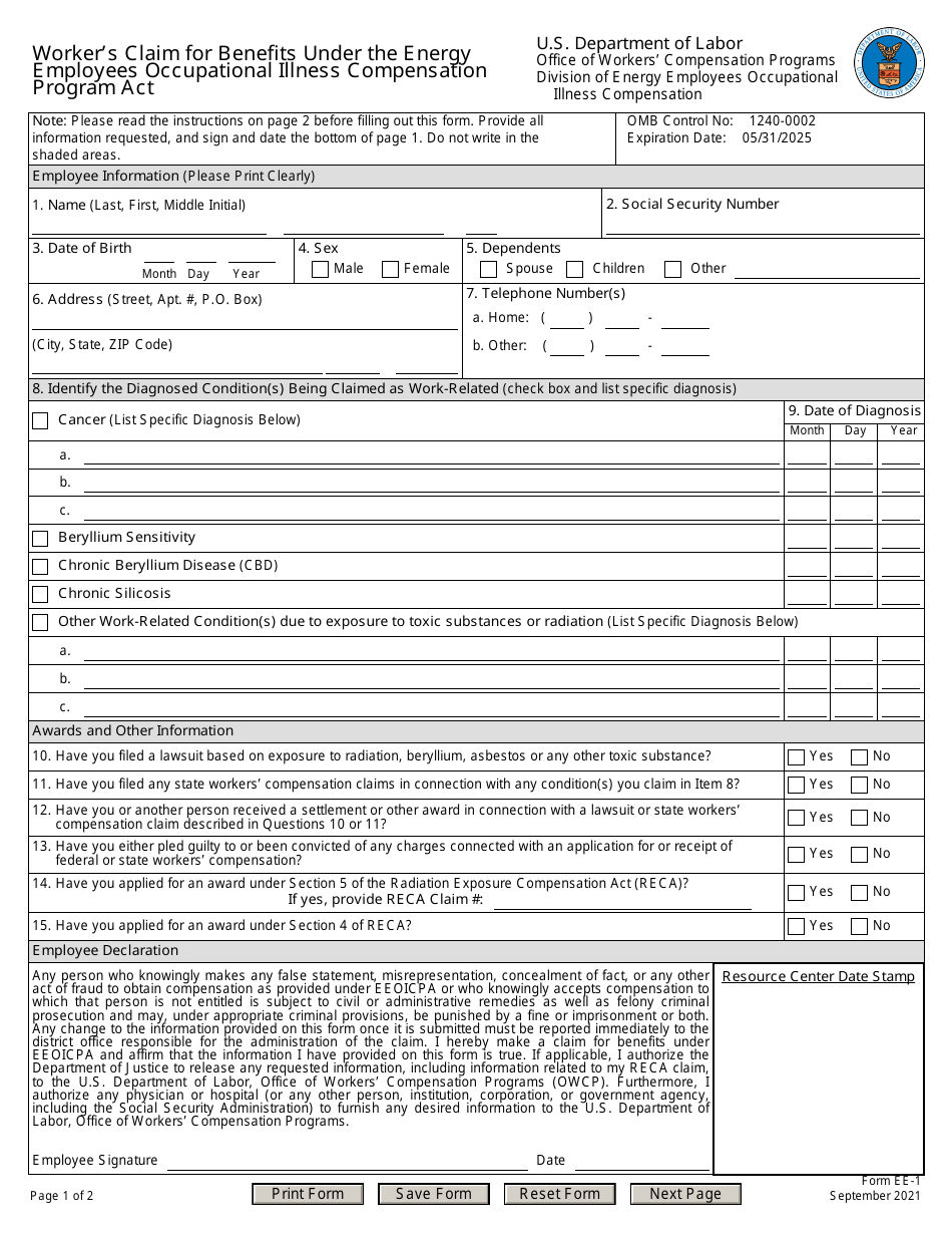 Form EE-1 Worker's Claim for Benefits Under the Energy Employees Occupational Illness Compensation Program Act, Page 1