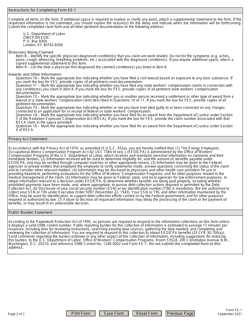 Form EE-1 Workers Claim for Benefits Under the Energy Employees Occupational Illness Compensation Program Act, Page 2