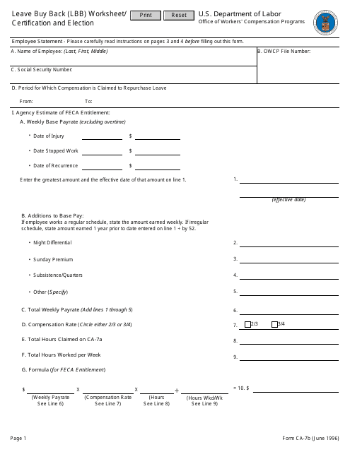 Form CA-7B Leave Buy Back (Lbb) Worksheet/Certification and Election