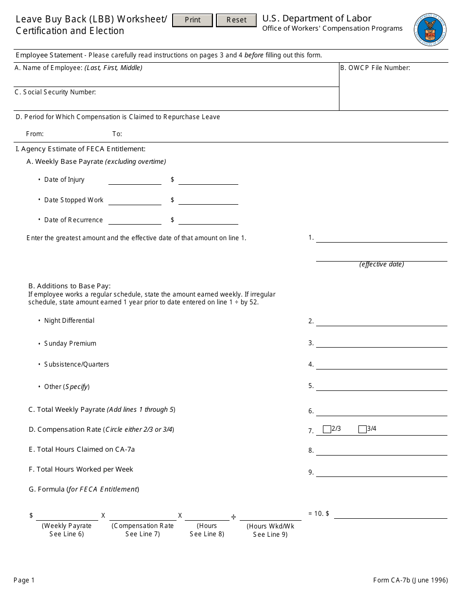 Form CA-7B Leave Buy Back (Lbb) Worksheet / Certification and Election, Page 1